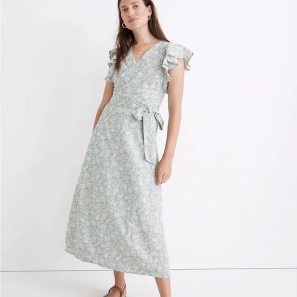 Madewell Madewell Linen-Blend Ruffle-Sleeve Wrap Midi Dress in Piazza Floral - Picture 1 of 10